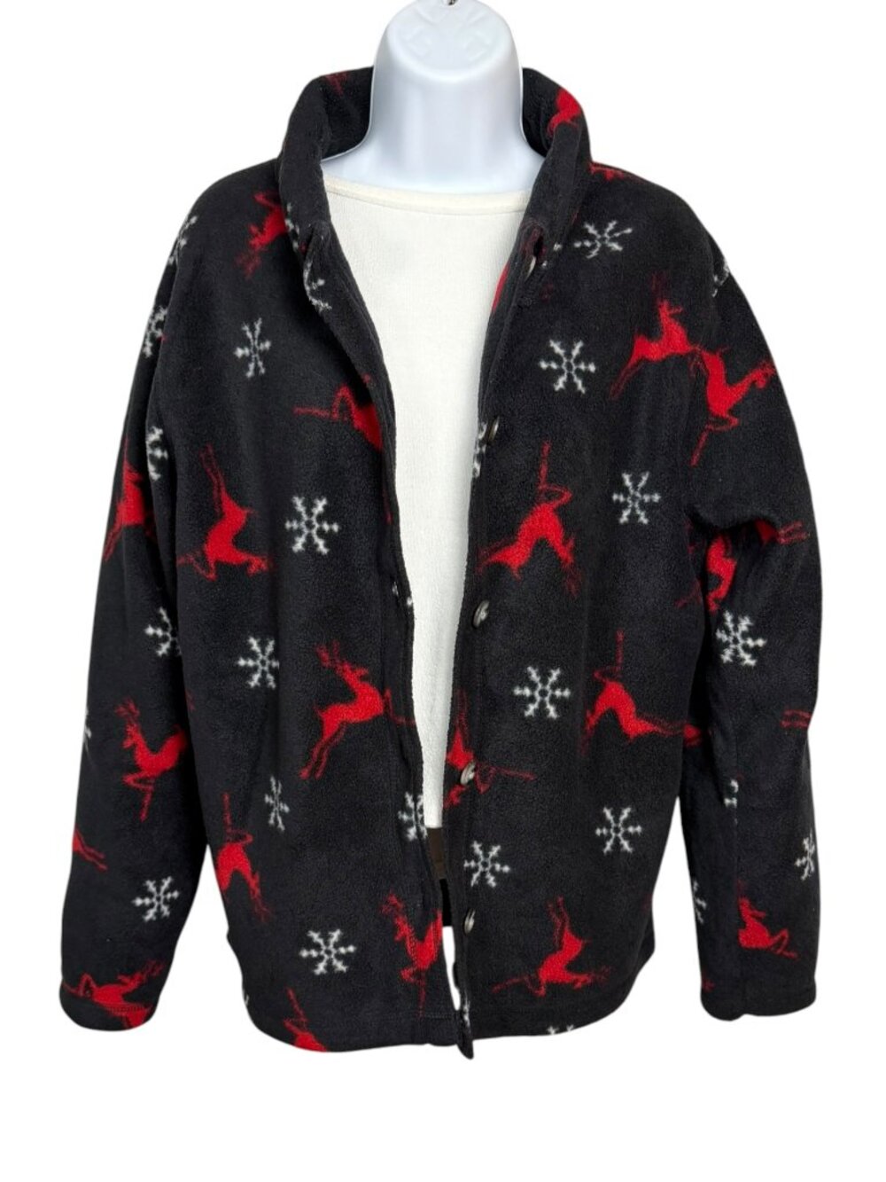 Diagonal Women’s M Reindeer Snowflake Button Front Fleece Christmas Holiday